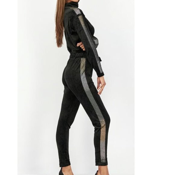 Juicy Couture Velour Jumpsuit Y2K 90s Black Ombre Stripe Mock Neck Bling Logo - Picture 1 of 7